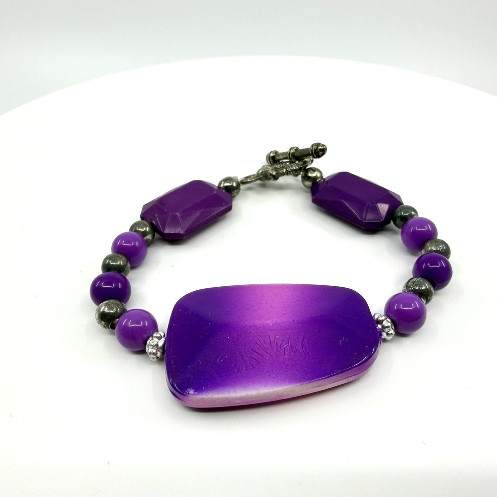 Vintage Silver Tone Purple Beaded Chunky Statement Bracelet Boho 90s